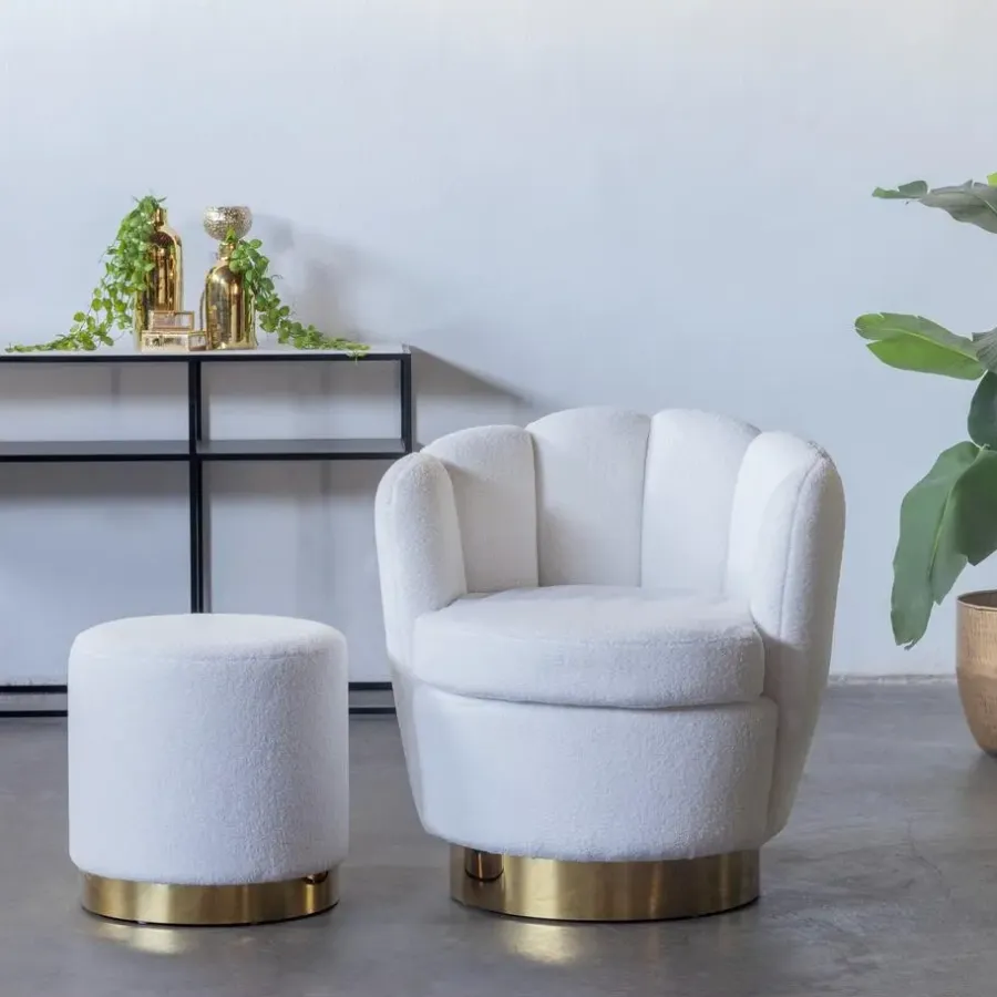 Fauteuils-Giga Meubel Teddy Fauteuil Wit - Met Gouden Onderstel - Fauteuil Quinty