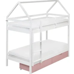 Kinderbedden-Beliani TERNAS - Hoogslaper opberglades - Wit/Roze - 90 x 200 cm - Dennenhout