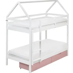 Kinderbedden-Beliani TERNAS - Hoogslaper opberglades - Wit/Roze - 90 x 200 cm - Dennenhout