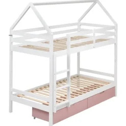 Kinderbedden-Beliani TERNAS - Hoogslaper opberglades - Wit/Roze - 90 x 200 cm - Dennenhout