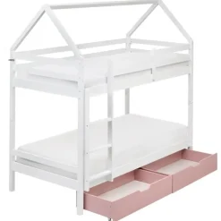 Kinderbedden-Beliani TERNAS - Hoogslaper opberglades - Wit/Roze - 90 x 200 cm - Dennenhout