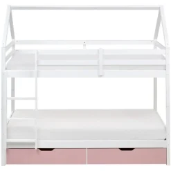 Kinderbedden-Beliani TERNAS - Hoogslaper opberglades - Wit/Roze - 90 x 200 cm - Dennenhout