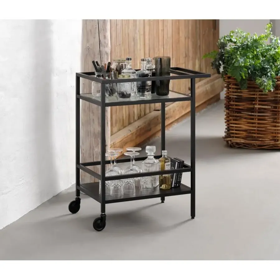 Trolleys-Giga Living Trolley Zwart Metaal/Glas - 70x42x85cm - Bronco