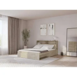 2-Persoons Bedden-CBA Tweepersoonsbed Maksim - 140x190/200cm - met opbergruimte - eikdecor