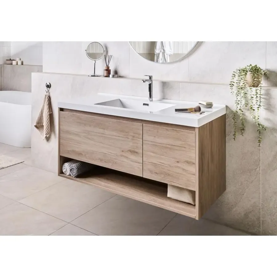 Wastafelkasten-Leen Bakker UMAYO - Wandgemonteerd meubel met wasbak - Lichtbruin - 120 cm - MDF