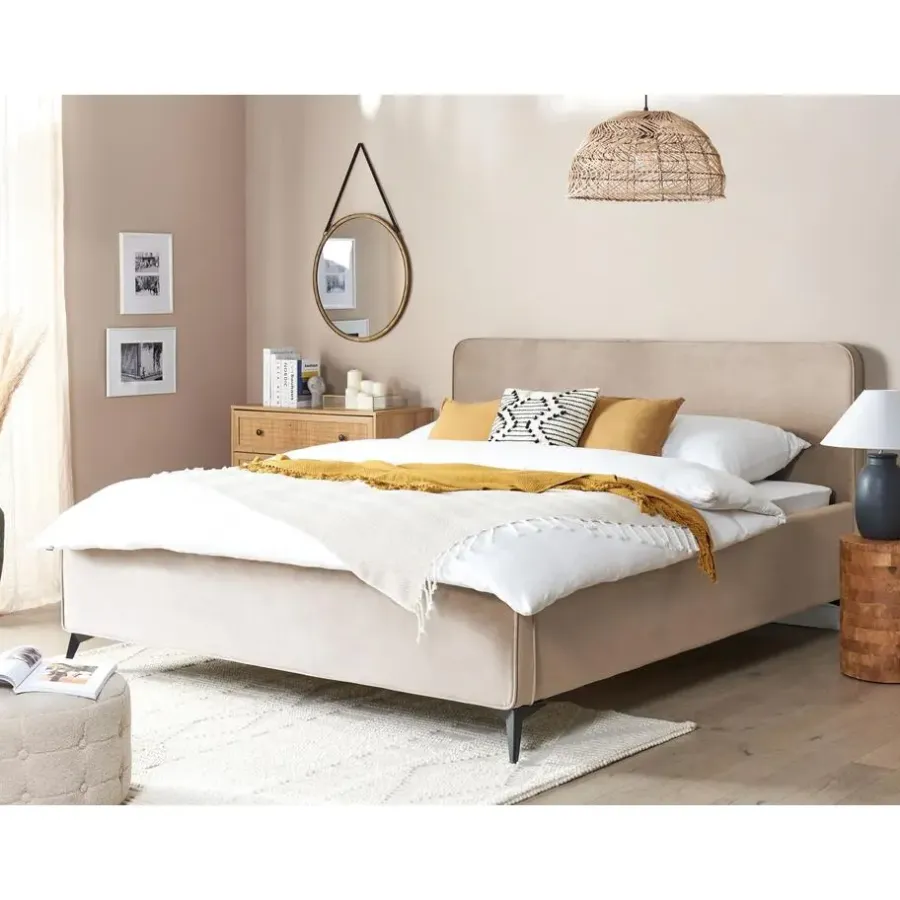 2-Persoons Bedden-Beliani VALOGNES - Tweepersoonsbed - Taupe - 180 x 200 cm - Fluweel