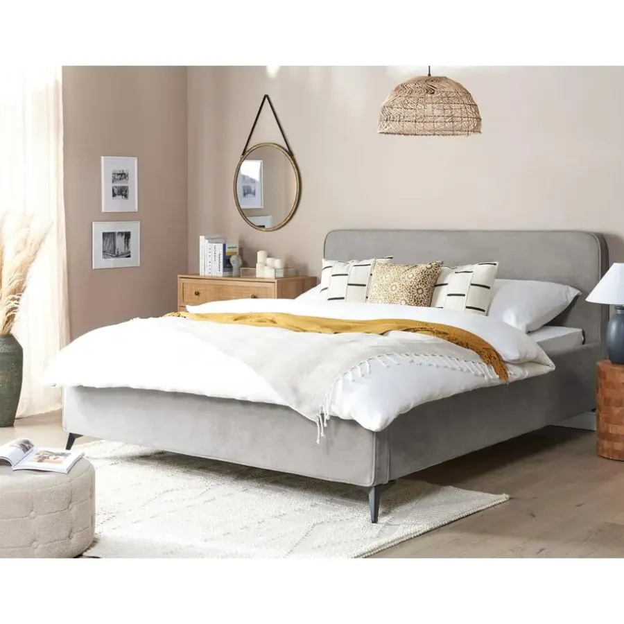 2-Persoons Bedden-Beliani VALOGNES - Tweepersoonsbed - Lichtgrijs - 180 x 200 cm - Corduroy