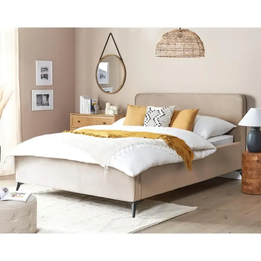 2-Persoons Bedden-Beliani VALOGNES - Tweepersoonsbed - Taupe - 160 x 200 cm - Fluweel