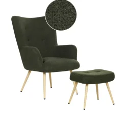 Fauteuils-Beliani VEJLE II - Fauteuil met hocker - Donkergroen - Bouclé