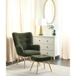 Fauteuils-Beliani VEJLE II - Fauteuil met hocker - Donkergroen - Bouclé