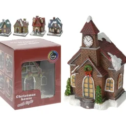 Merkloos Verlicht kerstkerkje - rood dak - polystone - 13 cm