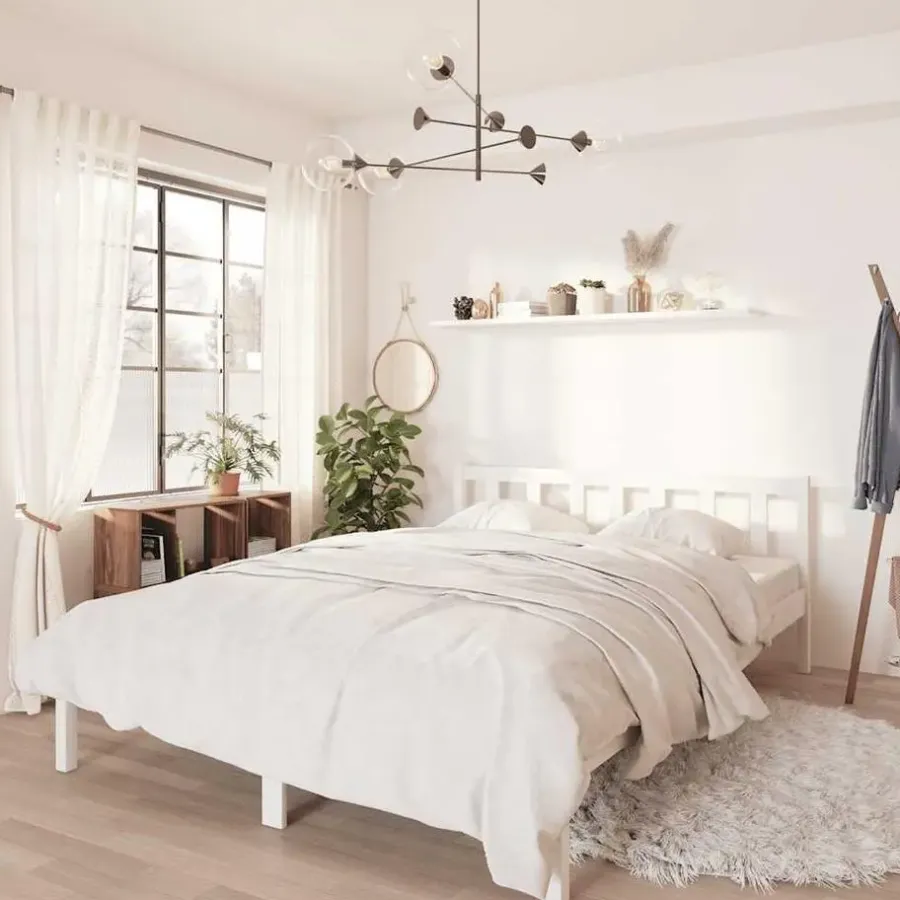 2-Persoons Bedden-vidaXL - Bed frame met hoofdeinde - Wit - Massief grenenhout - 160x200 cm