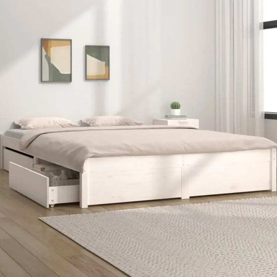 Twijfelaars-vidaXL - Bed frame met lades - wit - Massief grenenhout - 120x200 cm
