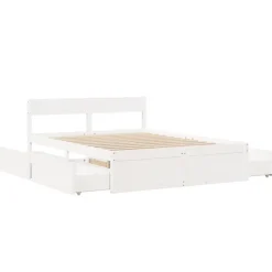 2-Persoons Bedden-vidaXL - Bed met hoofdbord en lades - Wit - Massief grenenhout - 140x200 cm