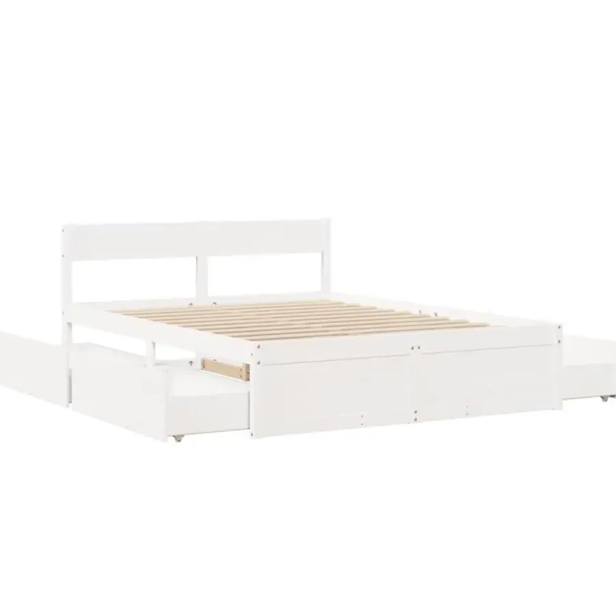 2-Persoons Bedden-vidaXL - Bed met hoofdbord en lades - Wit - Massief grenenhout - 140x200 cm