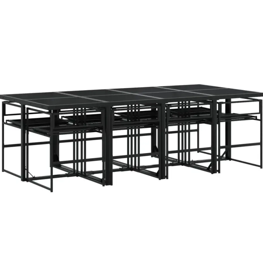 Tuinsets-vidaXL - 9-delige inklapbaar Tuinset gris kussens -Zwart textileen - 220x107 cm
