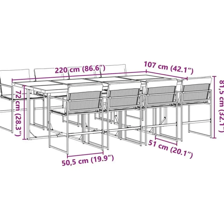 Tuinsets-vidaXL - 9-delige inklapbaar Tuinset gris kussens -Zwart textileen - 220x107 cm