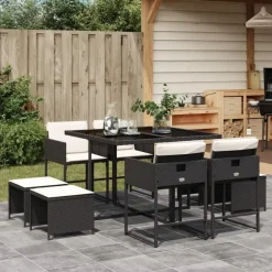Tuinsets-vidaXL - 9-delige Tuinset 4 krukken wit kussens - Zwart - PE rattan - 110x106 cm