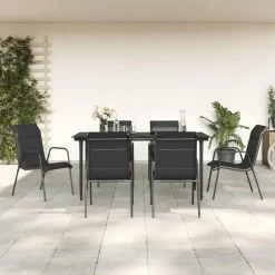 Tuinsets-vidaXL - 7-delige Tuinset - Zwart - Textileen met voering en staal - 160x80 cm