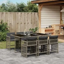 Tuinsets-vidaXL - 7-delige Tuinset donkergrijs kussens - PE rattan en staal - 110x106 cm