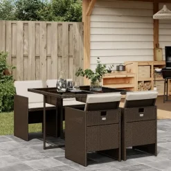 Tuinsets-vidaXL - 5-delige Tuinset met wit kussens - Bruin - Poly rattan - 110x106 cm