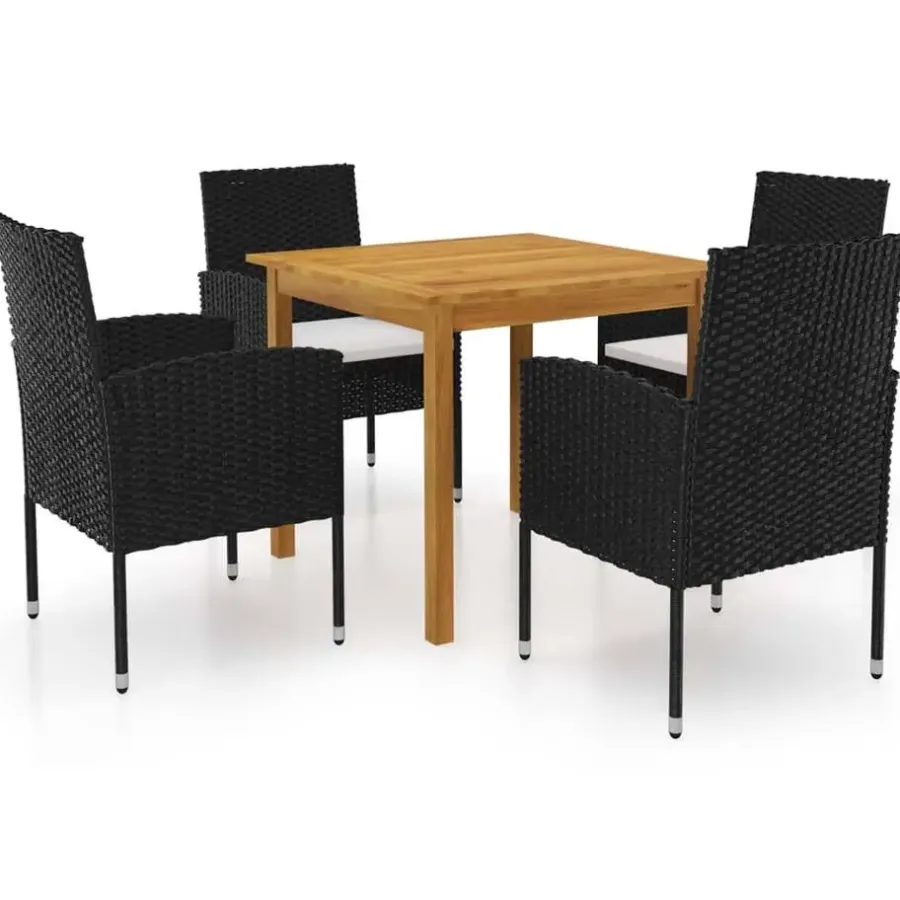 vidaXL - 5-delige Tuinset met wit kussens - Zwart poly rattan - 85x85 cm tafel