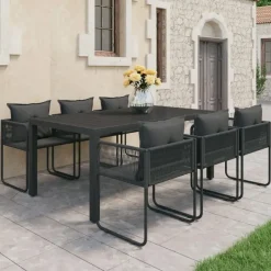 Tuinsets|Tuinsets-vidaXL - 7-delige Tuinset met kussens - Zwart - PVC-rattan - 184.5x90 cm