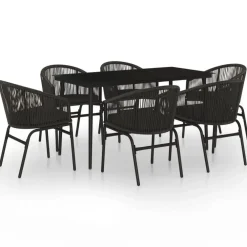 Tuinsets-vidaXL - 7-delige Tuinset met kussens - Zwart PVC-rattan en staal - 140x70 cm