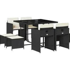 vidaXL - 9-delige Tuinset wit kussens 4 krukken - Zwart - PE rattan - 110x106 cm