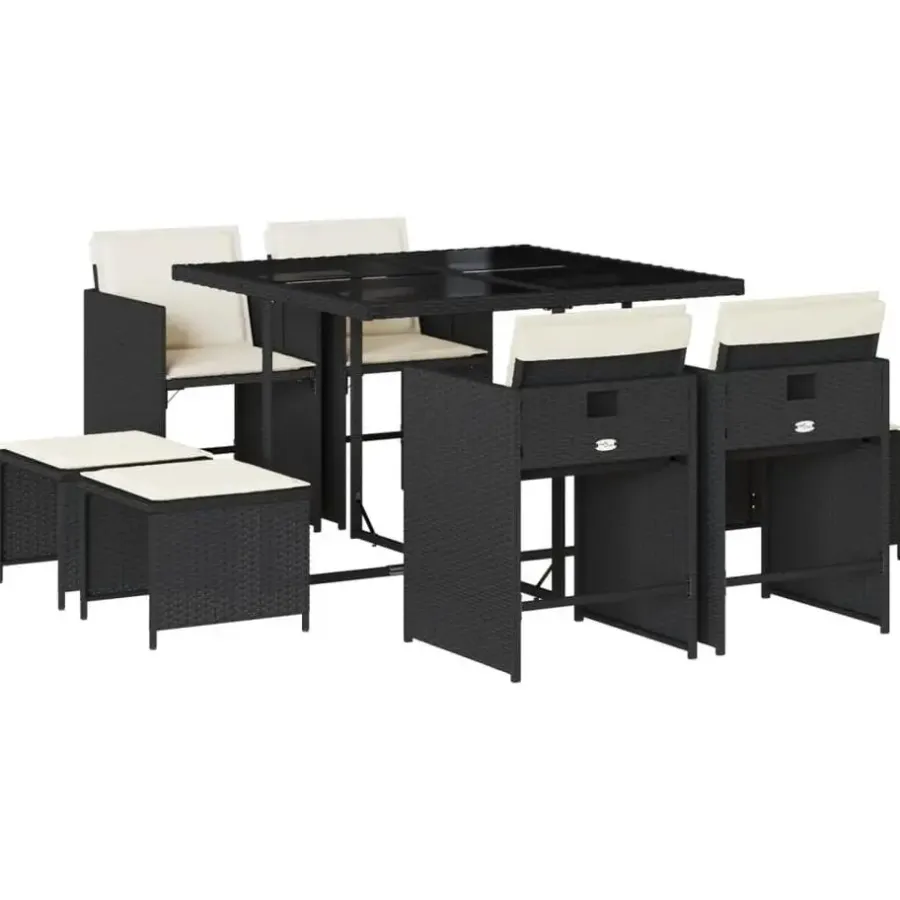 vidaXL - 9-delige Tuinset wit kussens 4 krukken - Zwart - PE rattan - 110x106 cm
