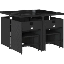 vidaXL - 9-delige Tuinset wit kussens 4 krukken - Zwart - PE rattan - 110x106 cm