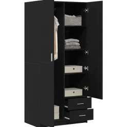 vidaXL - 2-deurs Kledingkast met 2 lades - Bewerkt hout - Zwart - 80x52x180 cm