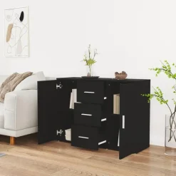 Dressoirs-vidaXL - Dressoir met 2 deuren 3 lades - Zwart - Bewerkt hout -91x29.5x65 cm