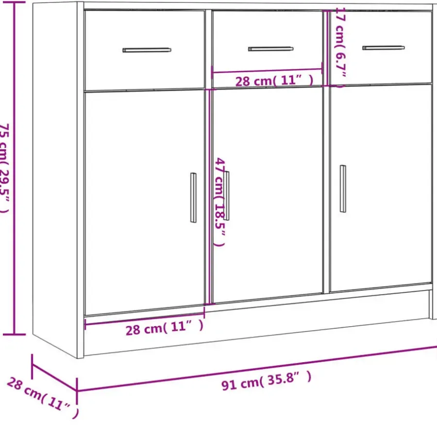 Dressoirs-vidaXL - Dressoir met 3 deuren 3 lades - Grijs sonoma eiken - Hout - 91x28x75 cm