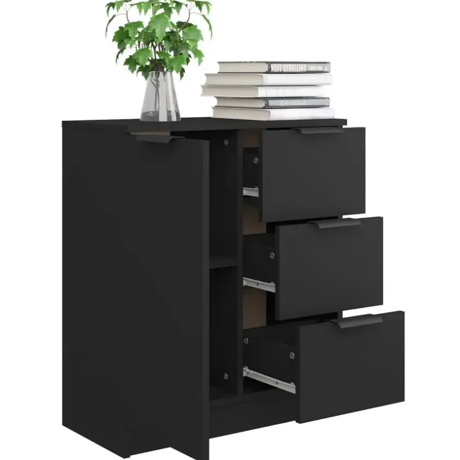 Dressoirs-vidaXL - Dressoir met 1 deur 3 lades - Zwart - Bewerkt hout - 60x30x70 cm