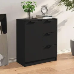 Dressoirs-vidaXL - Dressoir met 1 deur 3 lades - Zwart - Bewerkt hout - 60x30x70 cm