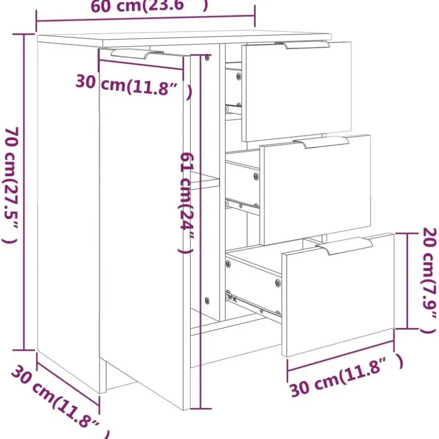 Dressoirs-vidaXL - Dressoir met 1 deur 3 lades - Zwart - Bewerkt hout - 60x30x70 cm