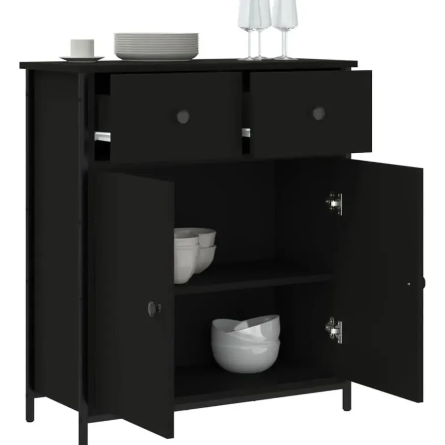 Dressoirs-vidaXL - Dressoir met 2 deuren 2 lades - Zwart - Hout en staal -70x30x80 cm