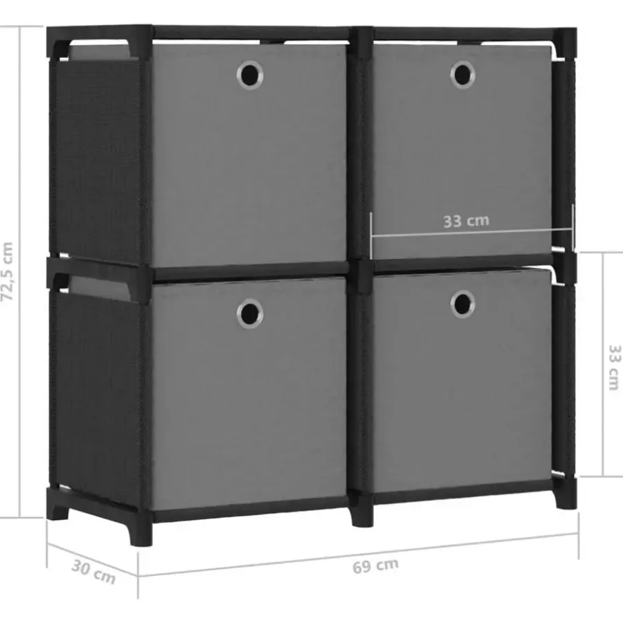 vidaXL - Kast met 4 vakken en grijs stof boxen - Zwart - 69x30x72.5 cm