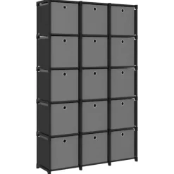 vidaXL - Kast met 15 vakken en grijs stof boxen - Zwart - 103x30x175.5 cm