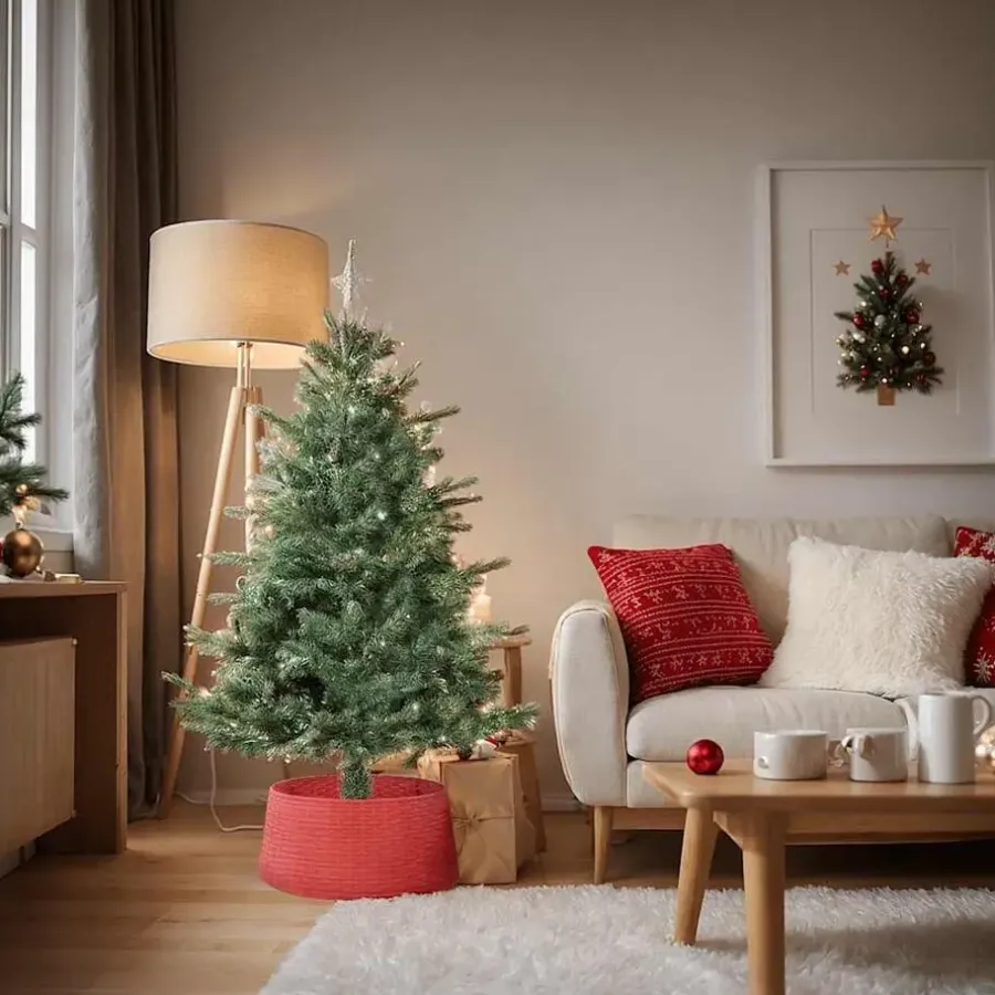 Kerstdecoratie-vidaXL - Kerstboomrok met geweven look Ø56x23 cm - Rood - Polypropeen