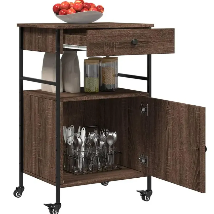 Trolleys-vidaXL - Keukentrolley - Bruin - Bewerkt hout