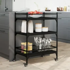 Trolleys-vidaXL - Keukentrolley - Zwart - Bewerkt hout