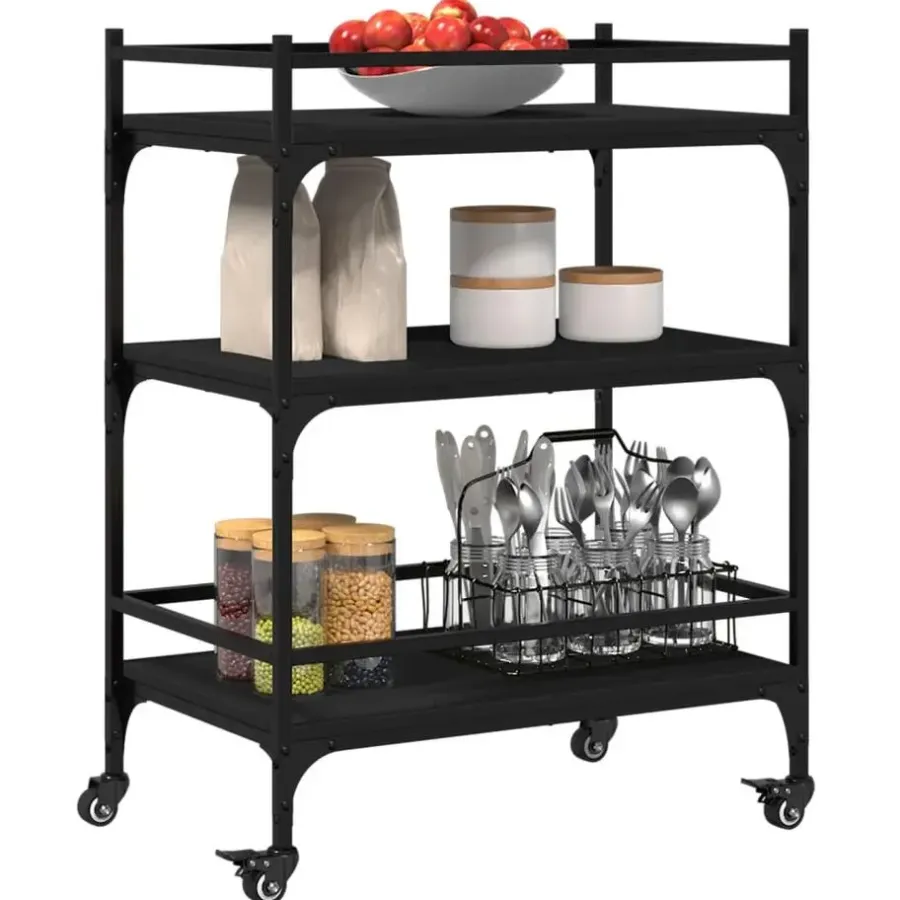 Trolleys-vidaXL - Keukentrolley - Zwart - Bewerkt hout