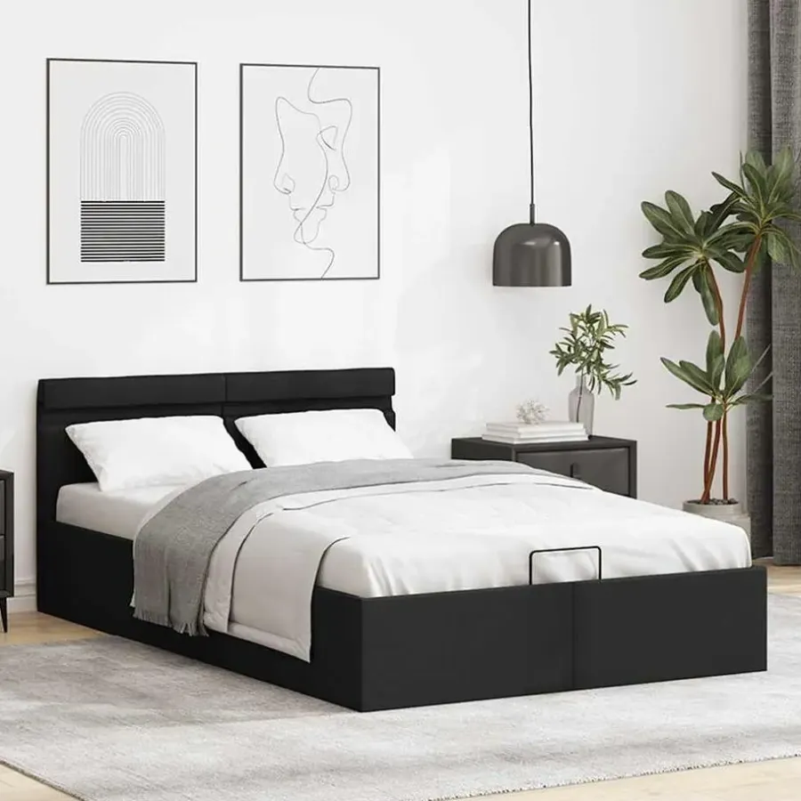 Twijfelaars-vidaXL - LED Bed frame met opbergruimte - Zwart - Kunstleer - 140x200 cm