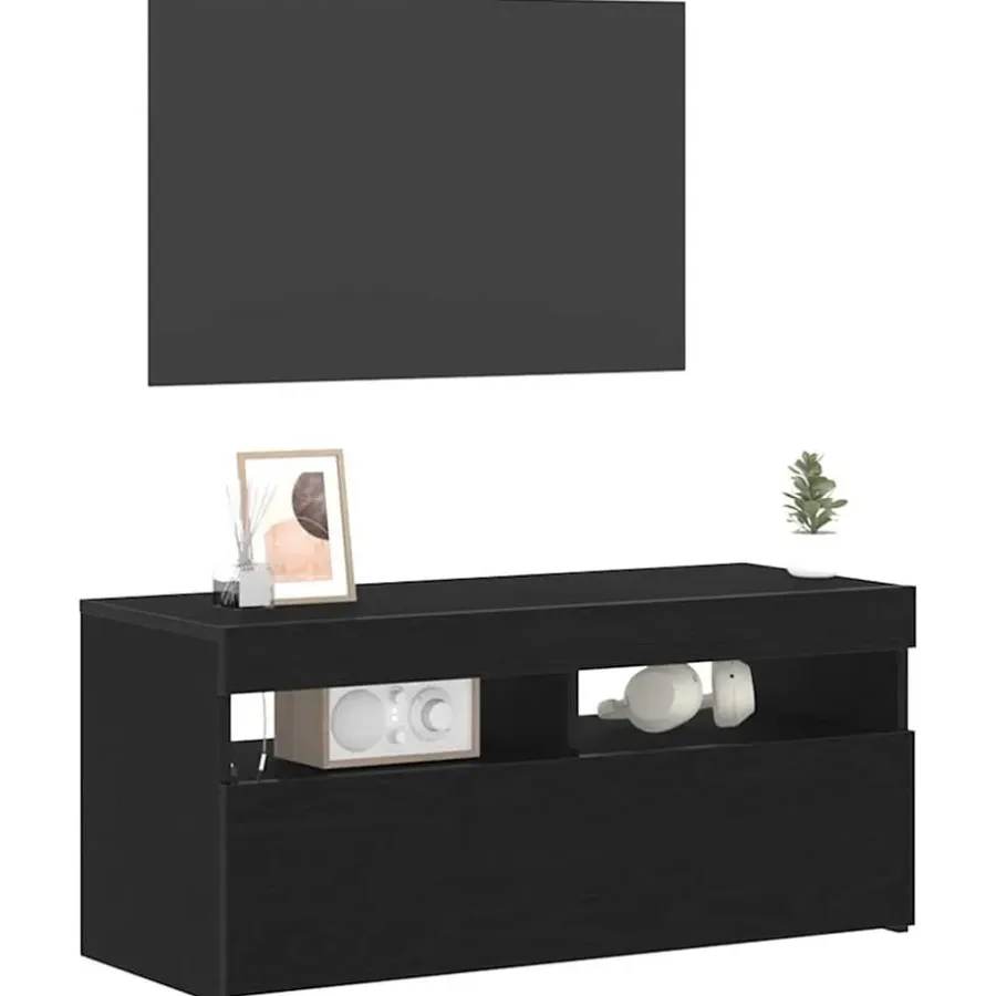 vidaXL - LED TV-meubel met deur - Zwart eiken - Hout - 90x35x40 cm