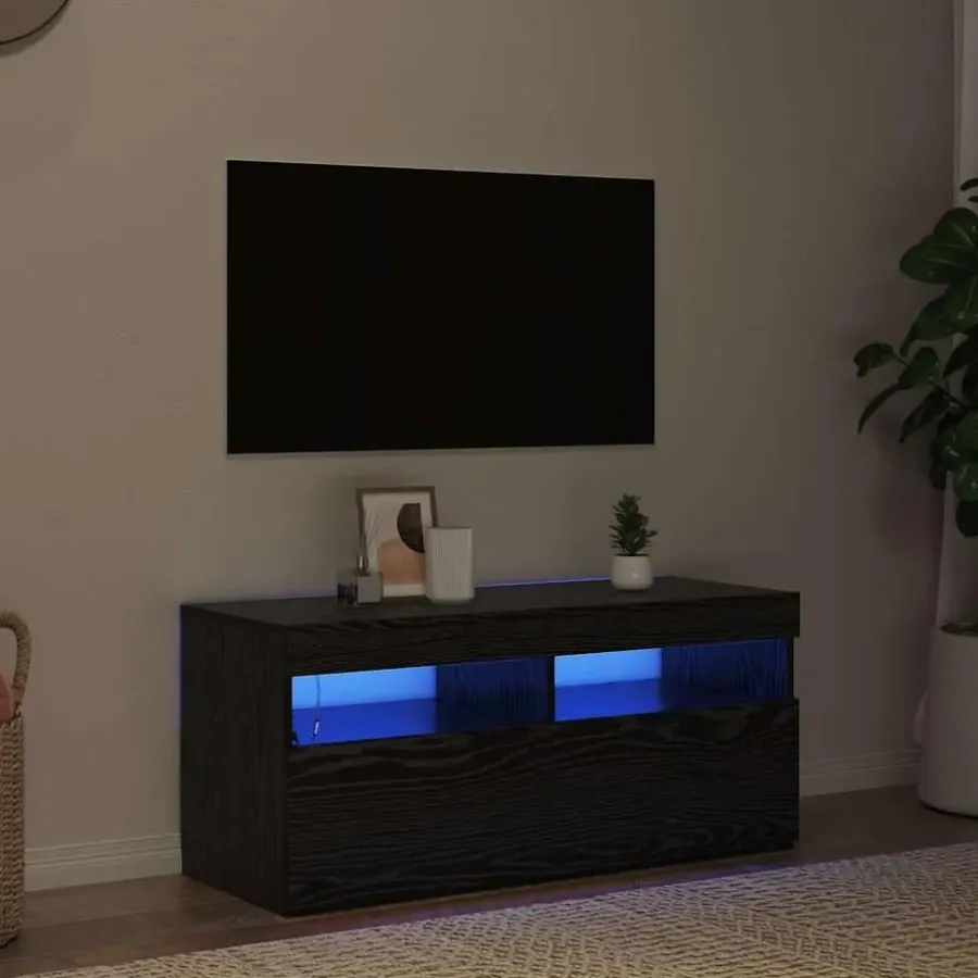 vidaXL - LED TV-meubel met deur - Zwart eiken - Hout - 90x35x40 cm