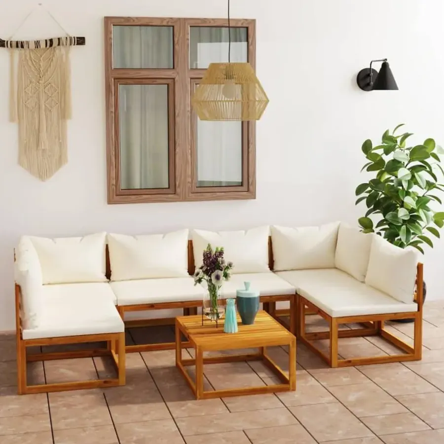 Loungesets-vidaXL - Loungeset - Crème - Acaciahout - 7 stuks - Met kussens
