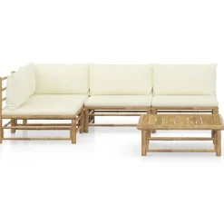 Loungesets-vidaXL - Loungeset - Crèmewitte - Bamboe - 5 stuks - Met kussens