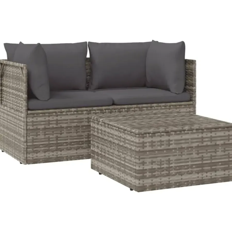 Loungesets-vidaXL - Loungeset - Grijs - Poly rattan - 3 stuks - Met kussens